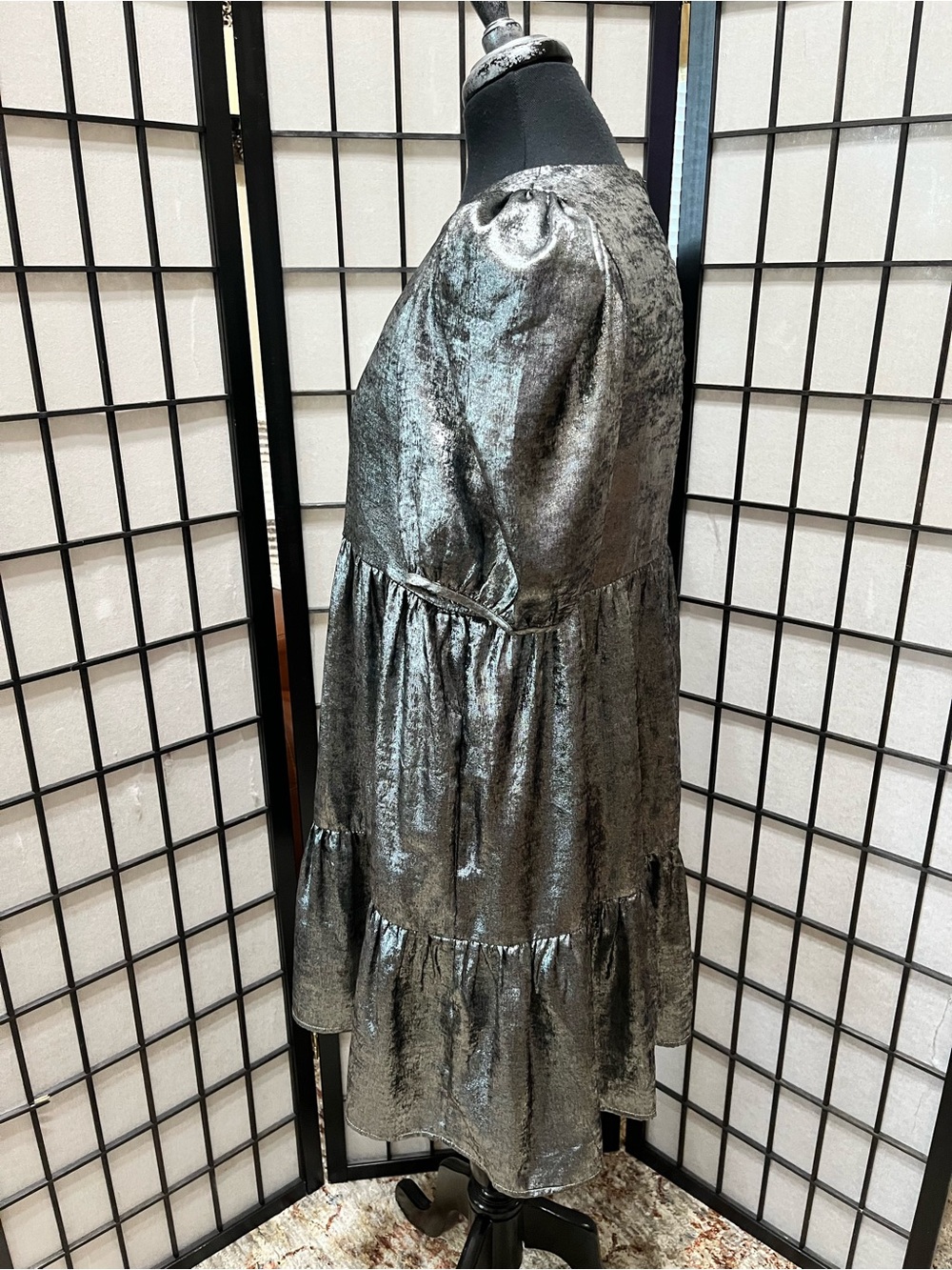 TCEC Metallic Silver Puff-Sleeve Tiered Dress women SIZE M - Picture 4 of 13